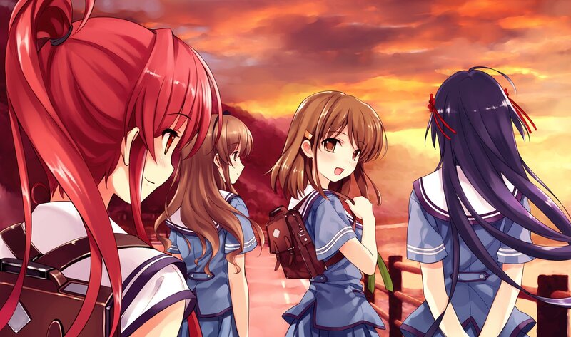 schoolgirls at sunset