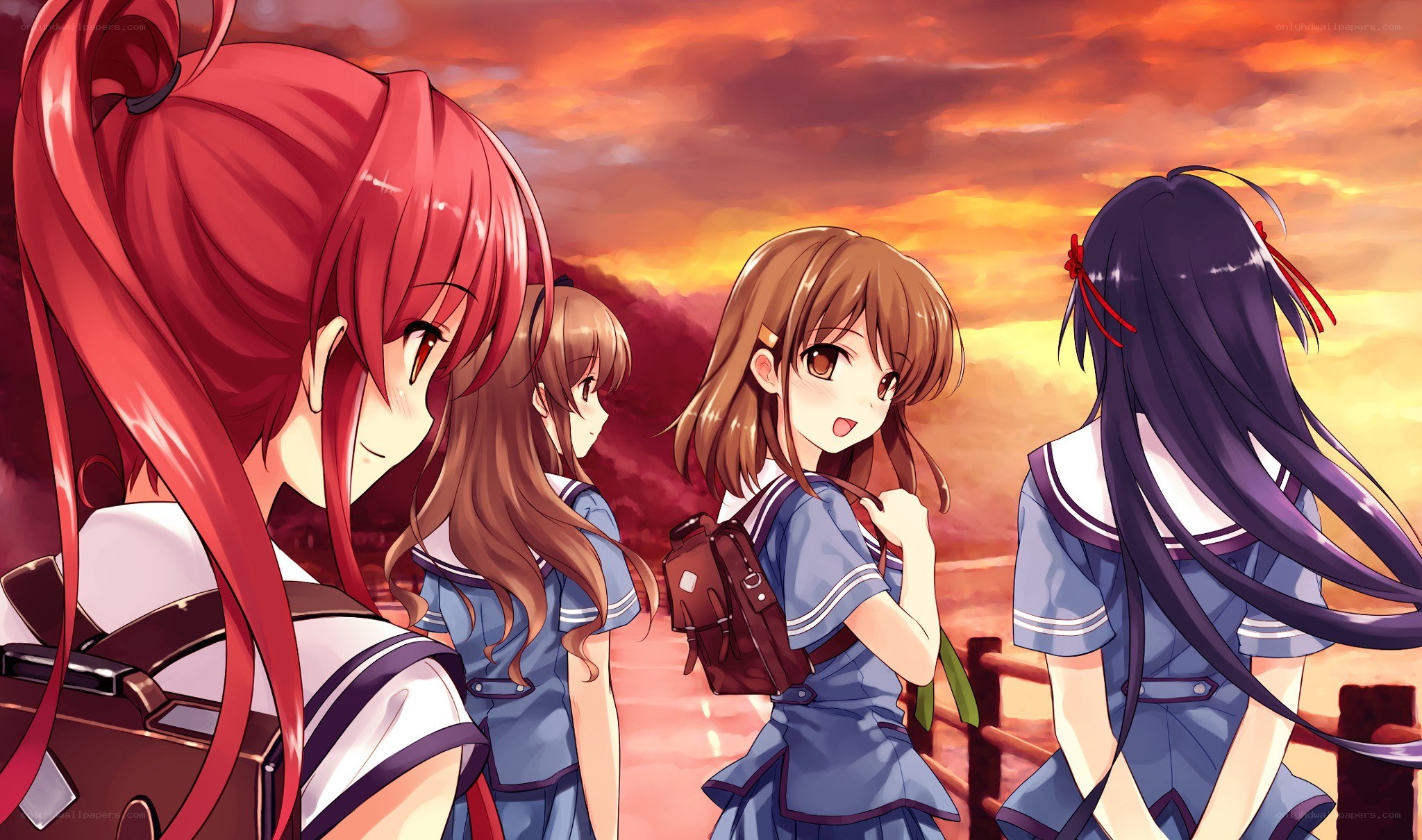 schoolgirls at sunset