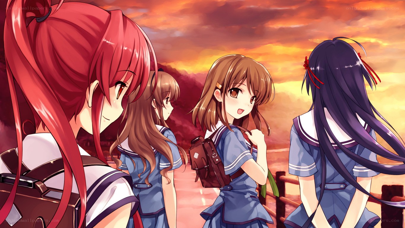 schoolgirls at sunset
