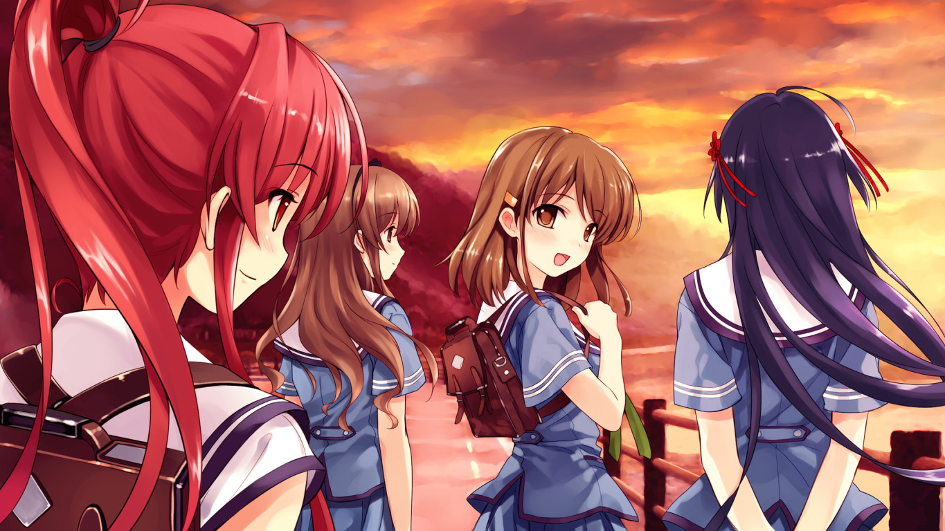 schoolgirls at sunset
