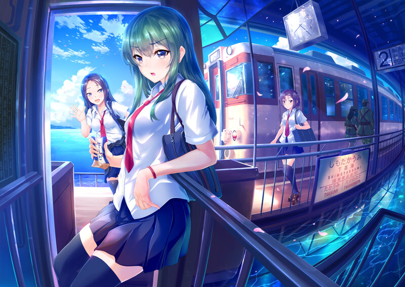 Schoolgirls at Train Station — Blue