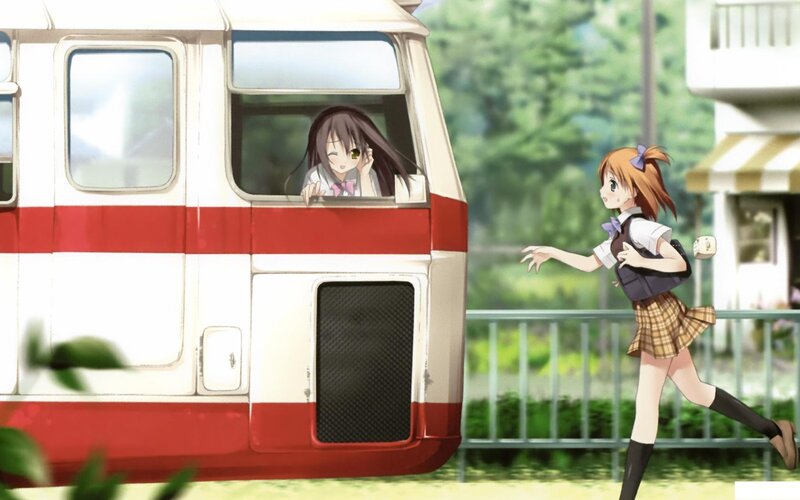 Schoolgirls at Train Station — White