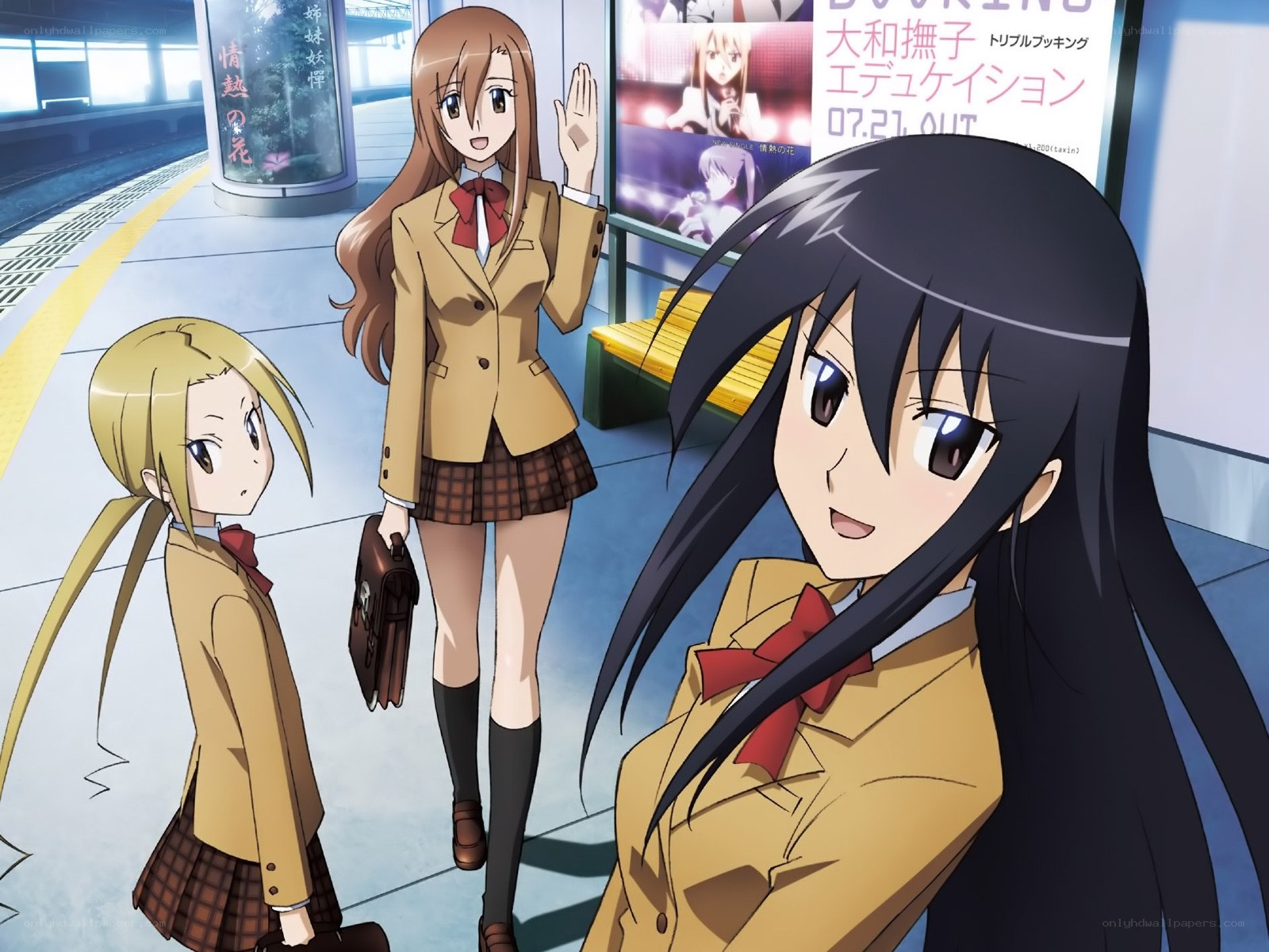 schoolgirls at train station