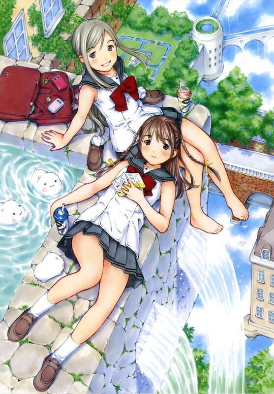 Schoolgirls by a waterfall