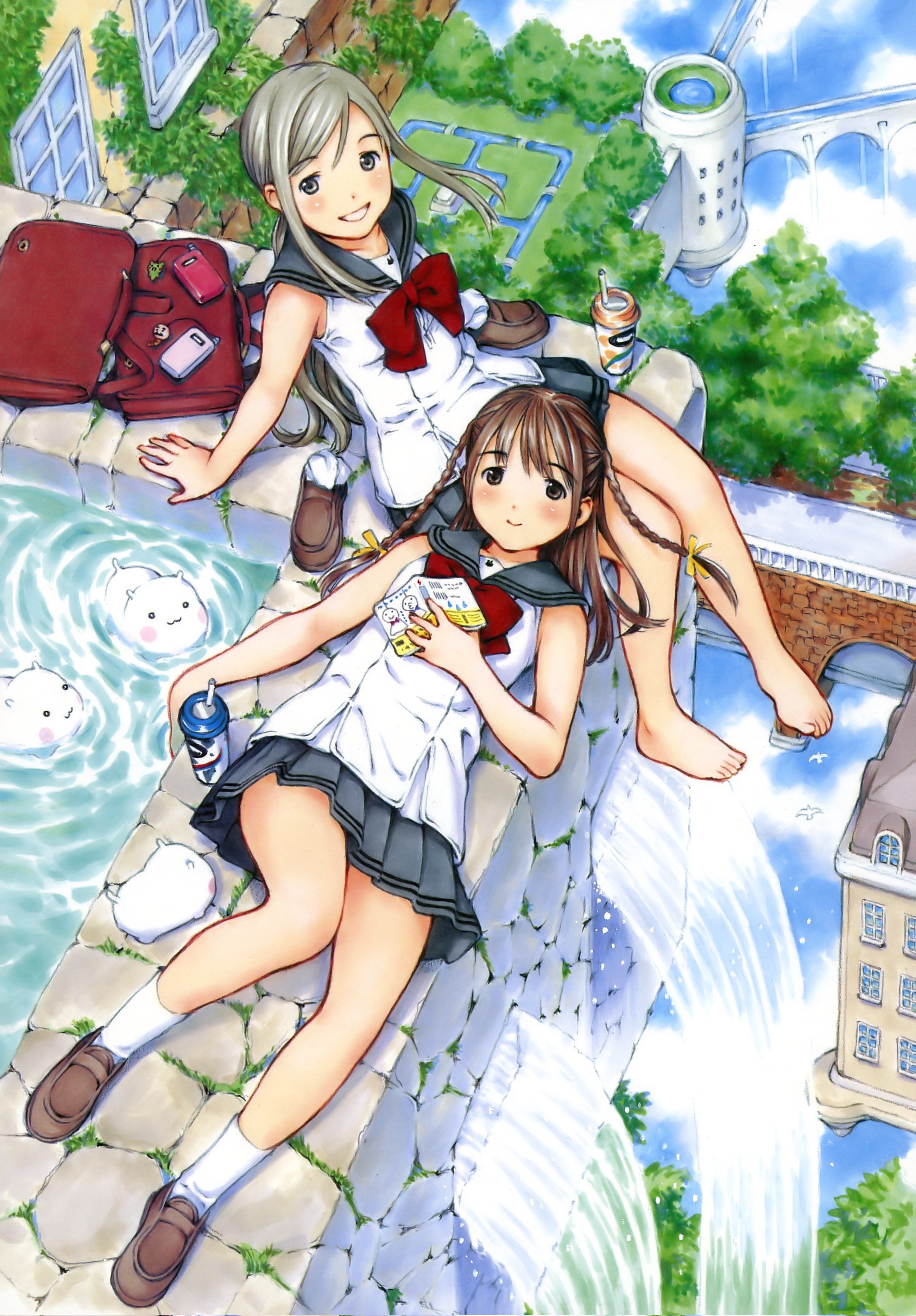 Schoolgirls by a waterfall