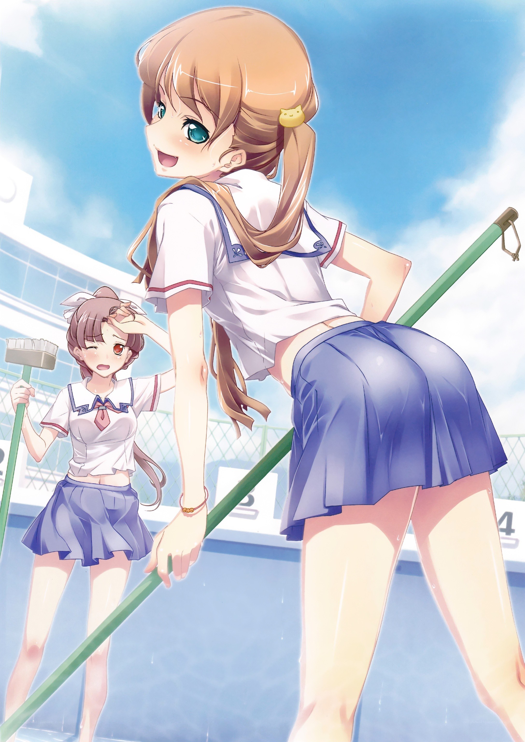 Schoolgirls cleaning the pool