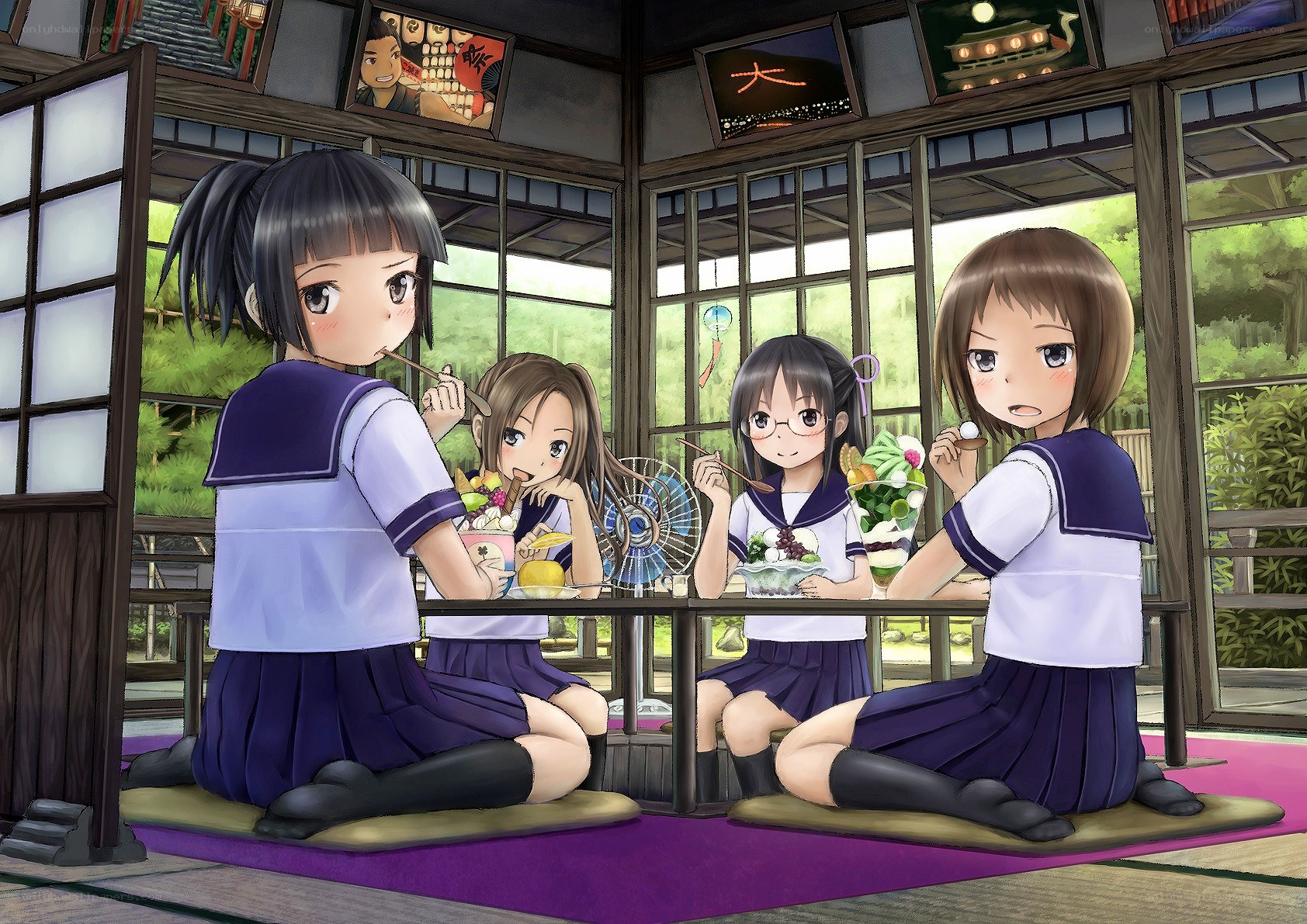 Schoolgirls eating dessert