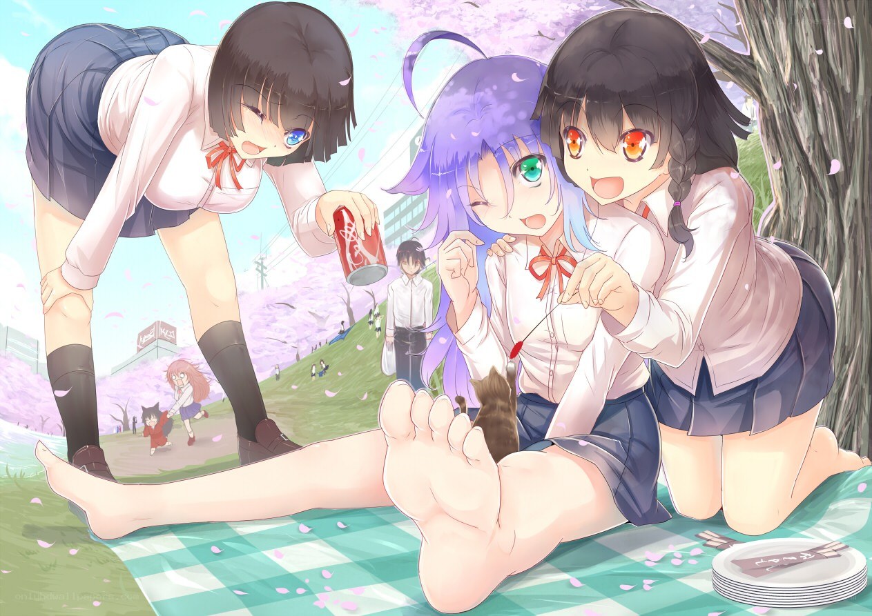 Schoolgirls having a picnic