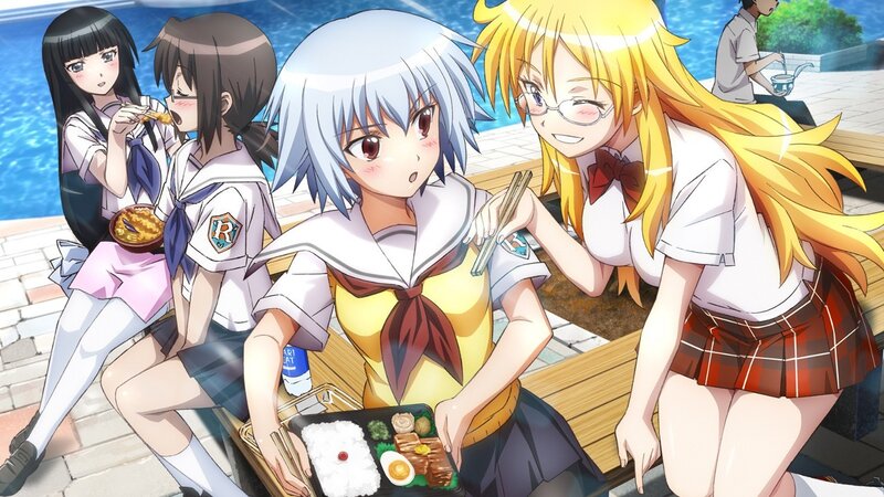 Schoolgirls having lunch by the pool