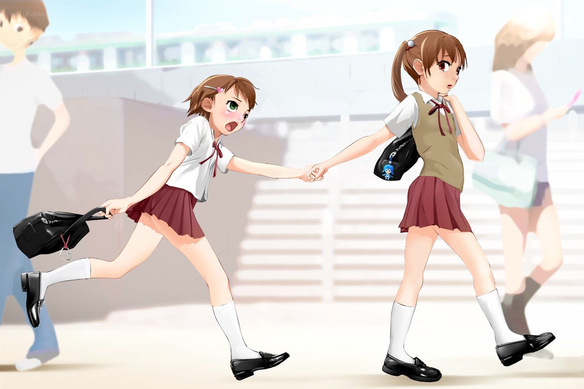 schoolgirls holding hands