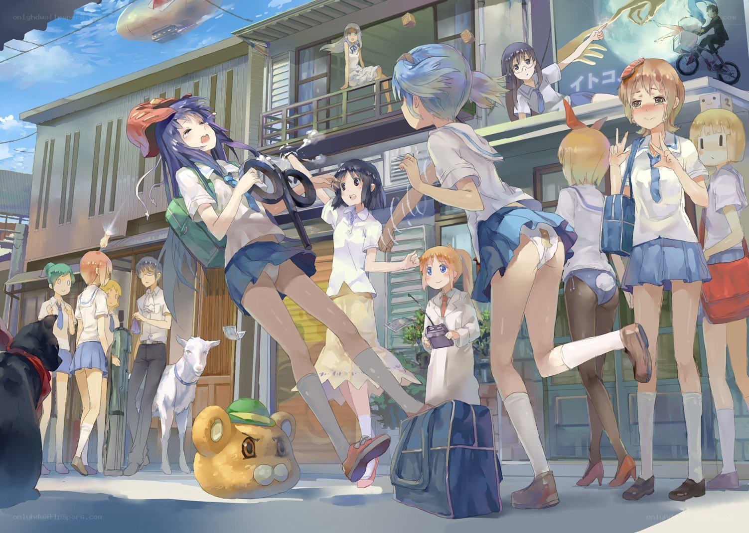 Schoolgirls in a bustling town