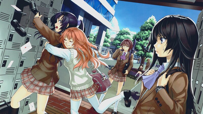 Schoolgirls in a chaotic hallway