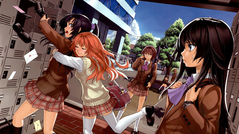 Schoolgirls in a chaotic hallway