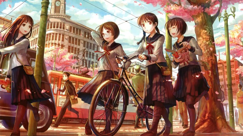 Schoolgirls in a cherry blossom city