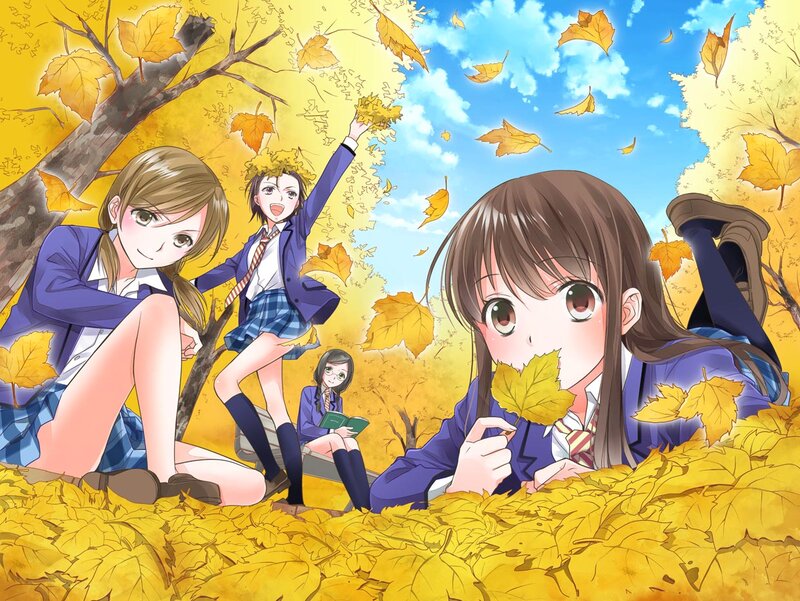 Schoolgirls in Autumn Leaves