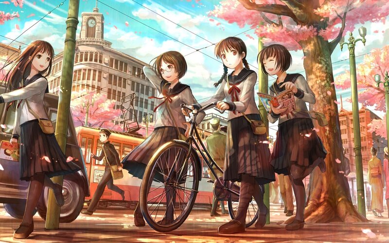 Schoolgirls in cherry blossom city