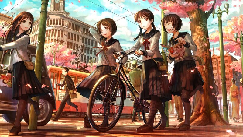 Schoolgirls in cherry blossom city