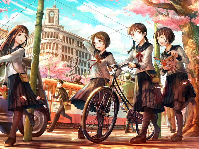 Schoolgirls in cherry blossom season