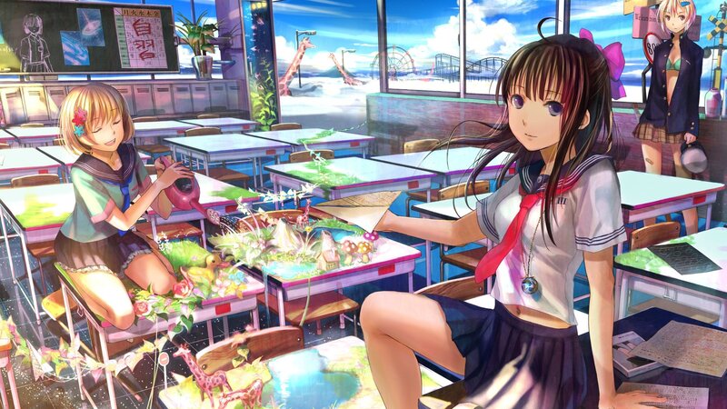 Schoolgirls in Classroom — Blue, Calm