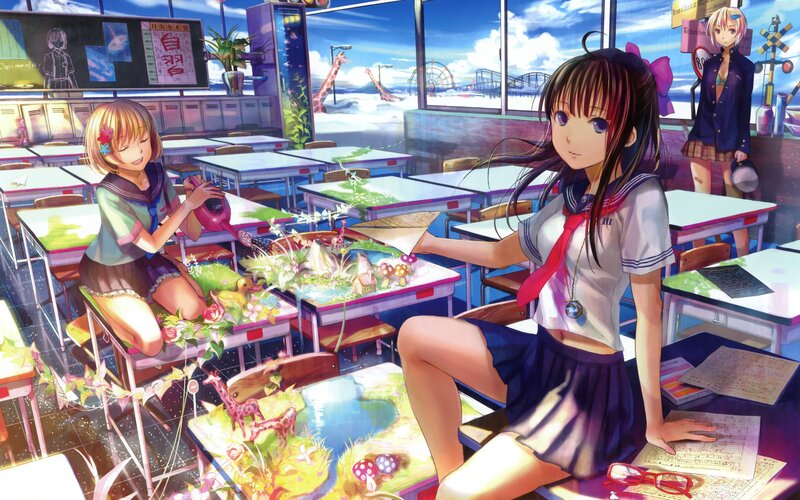 Schoolgirls in Classroom — Blue, Dreamy, Afternoon, Anime