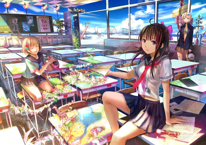 Schoolgirls in Classroom — Blue, Dreamy