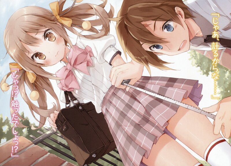 Schoolgirls measuring each other