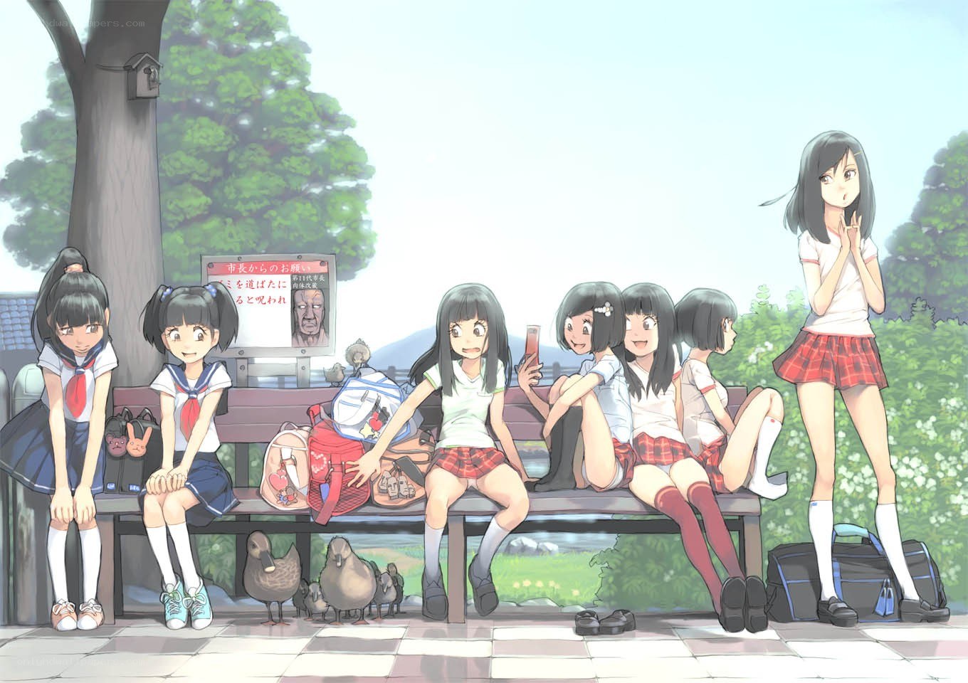 Schoolgirls on a bench
