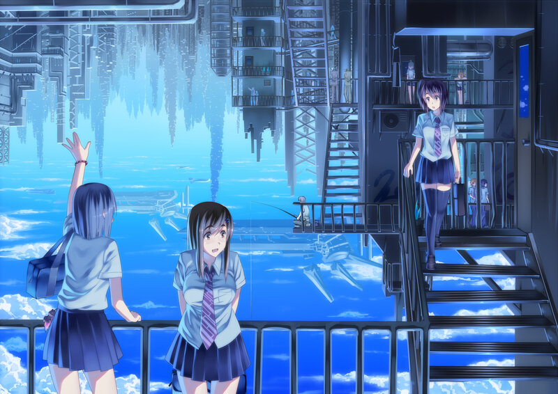 Schoolgirls on a Platform — Blue