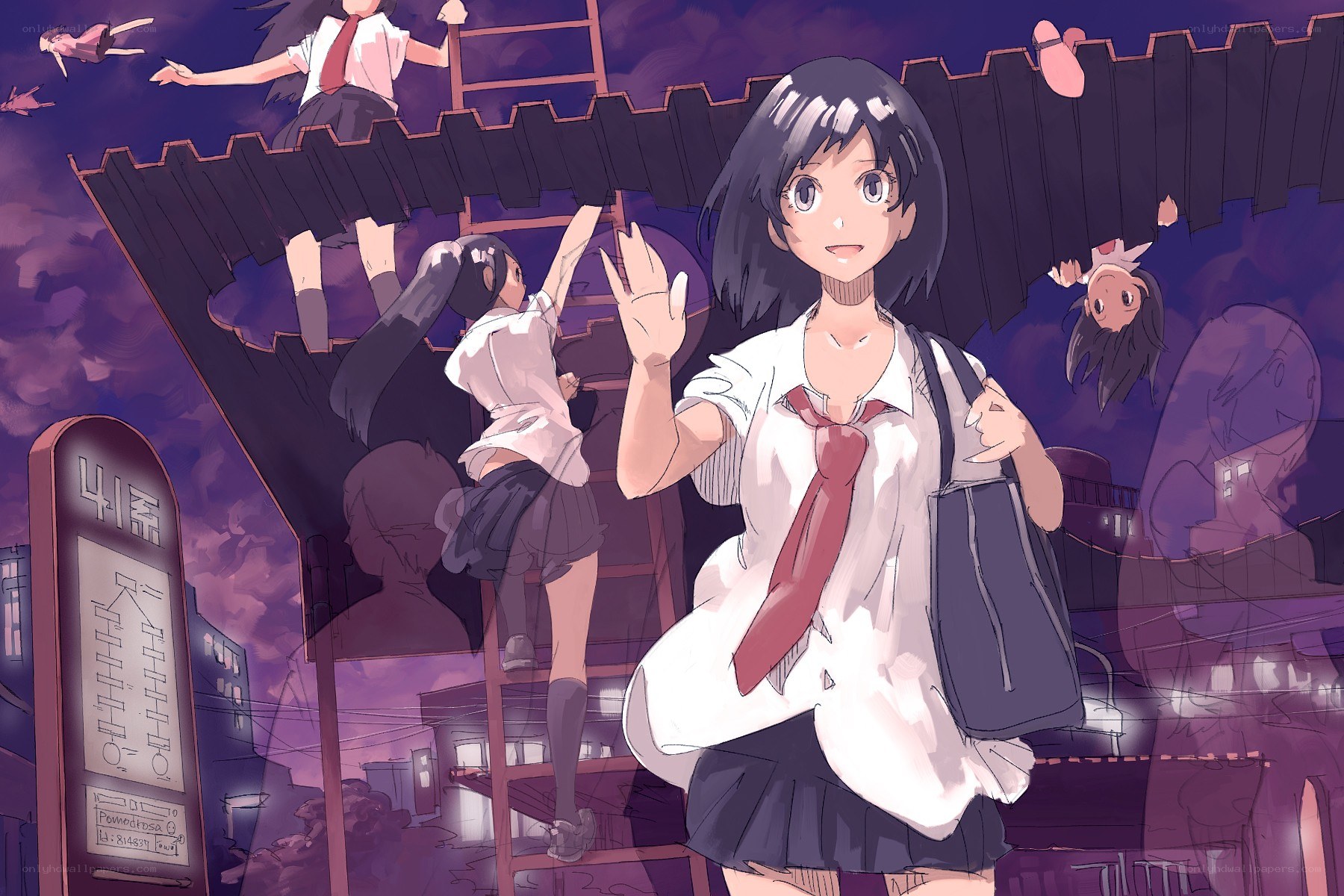 Schoolgirls on a rooftop at night