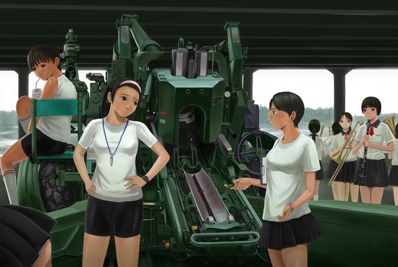 Schoolgirls on a ship with artillery