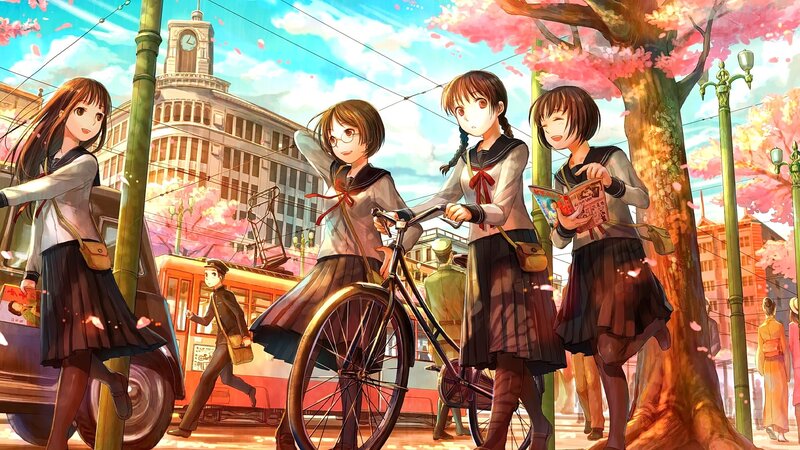 Schoolgirls on a Street — Pink, Serene, Spring, Anime, Bicycle