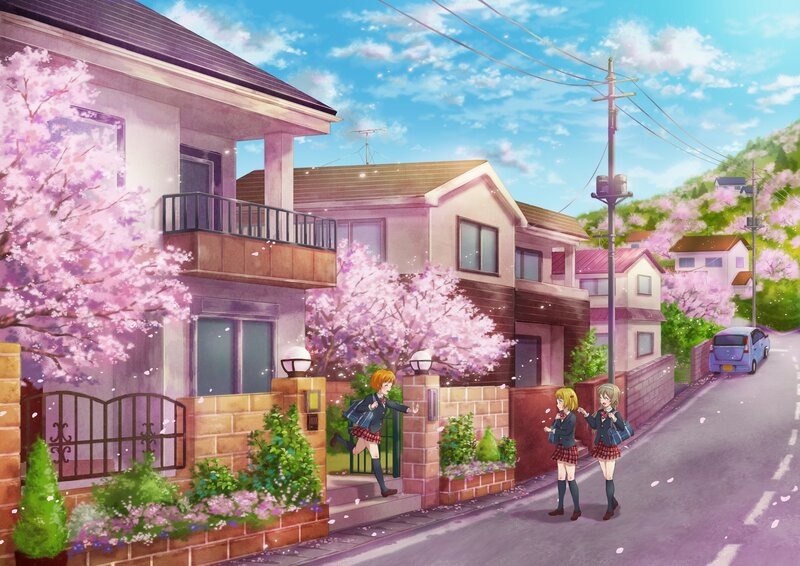 Schoolgirls on a Street — Pink, Serene, Spring