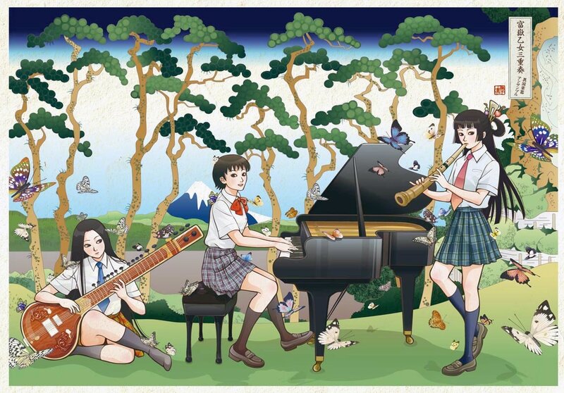 Schoolgirls playing music in a forest