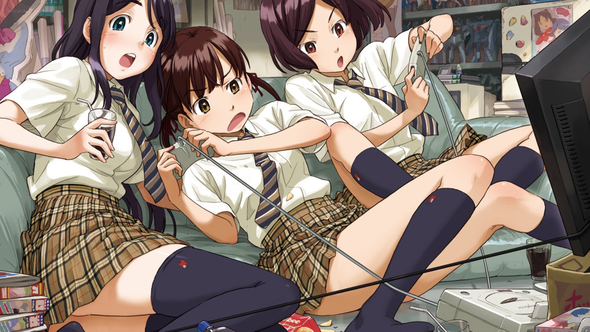 Schoolgirls playing video games