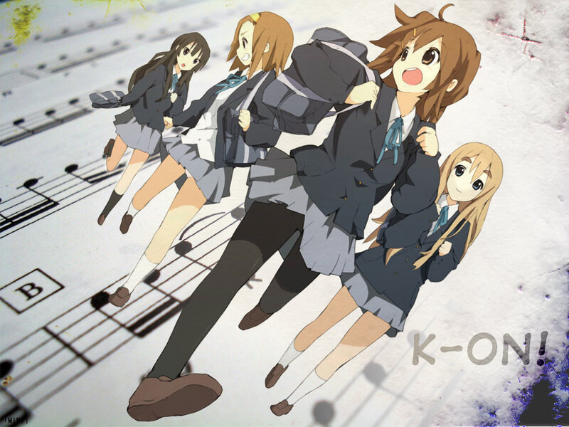 Schoolgirls running on music notes