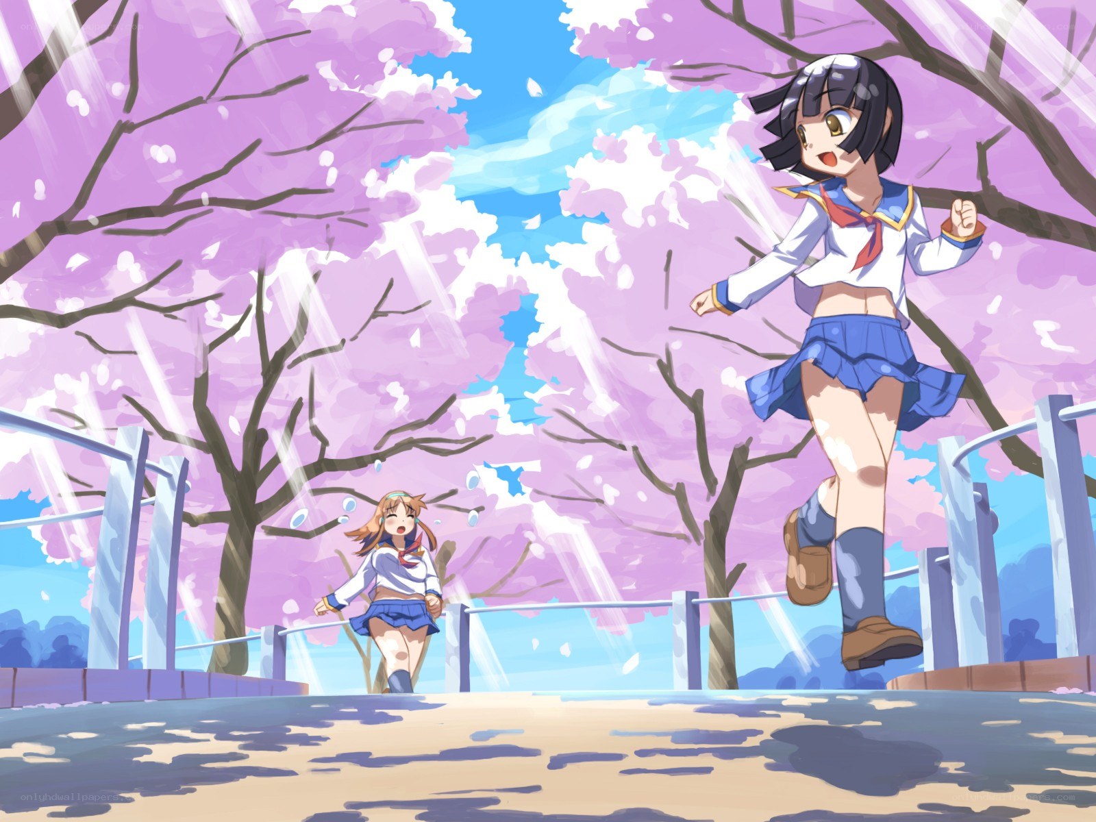 Schoolgirls running under cherry blossoms
