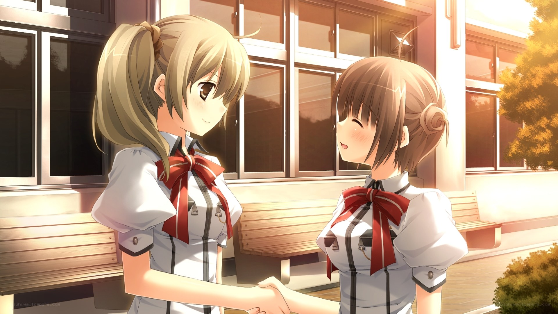 schoolgirls shaking hands