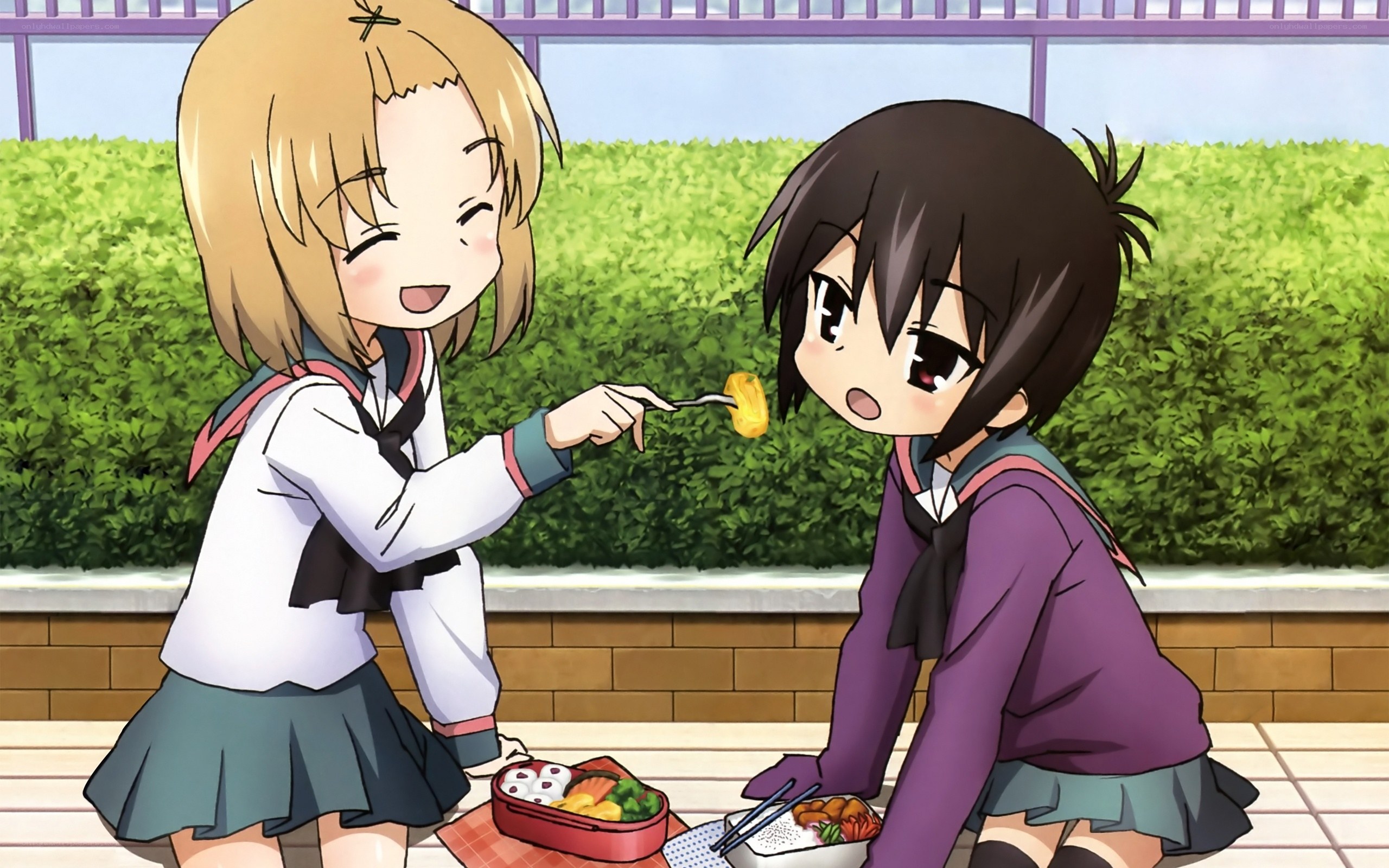 Schoolgirls sharing lunch
