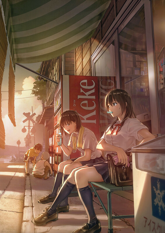Schoolgirls Sitting on Bench