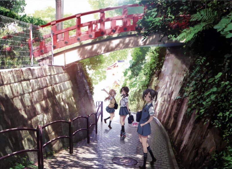 Schoolgirls under a red bridge