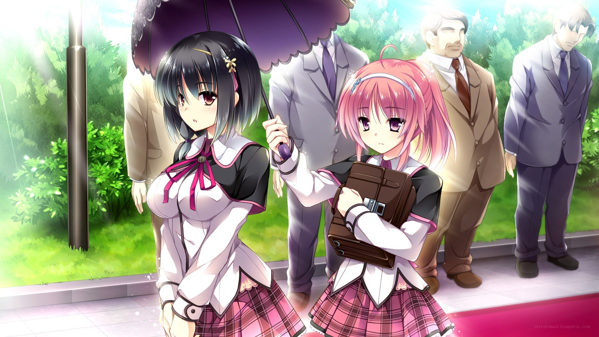 Schoolgirls under an umbrella