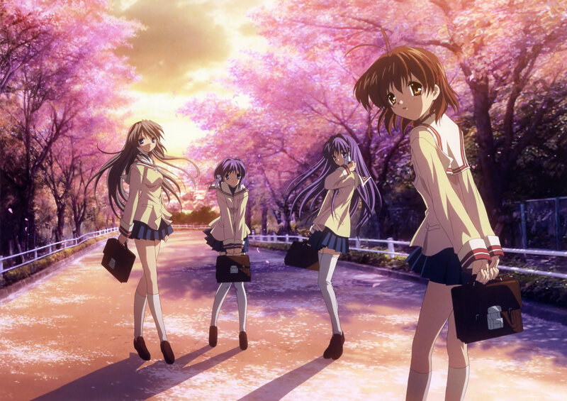 Schoolgirls under cherry blossoms
