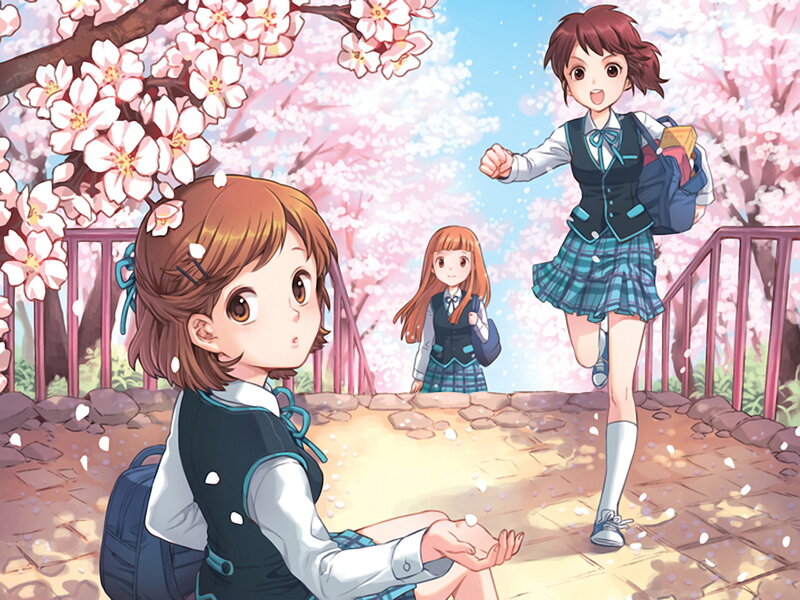 Schoolgirls under cherry blossoms