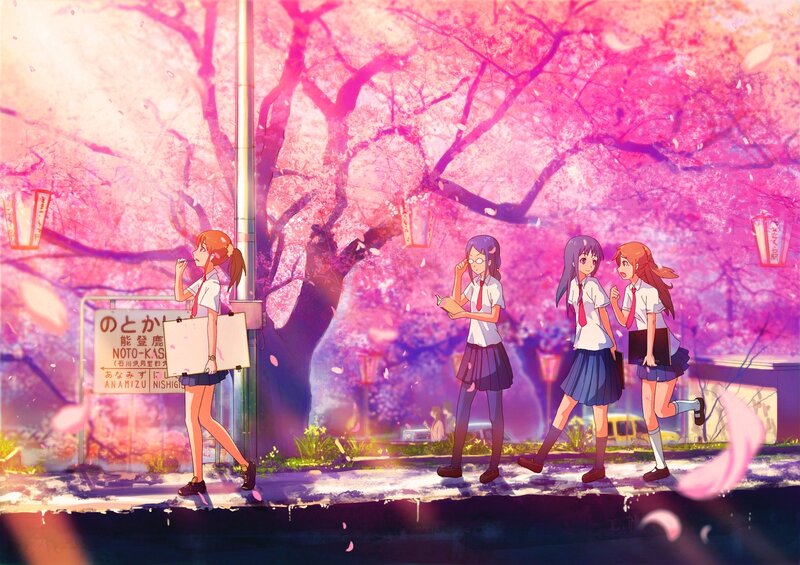 Schoolgirls under cherry blossoms