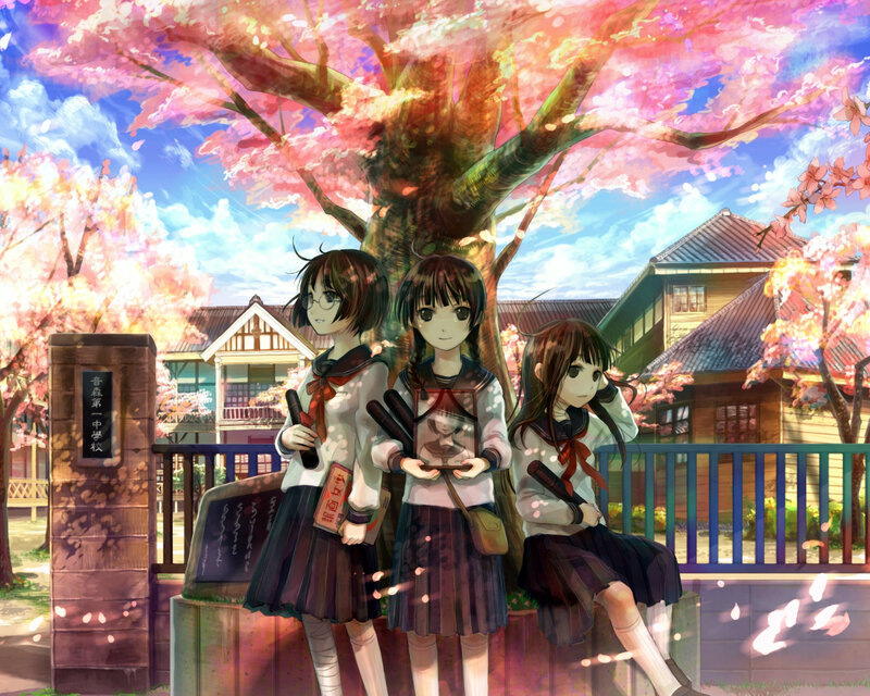 Schoolgirls under cherry blossoms