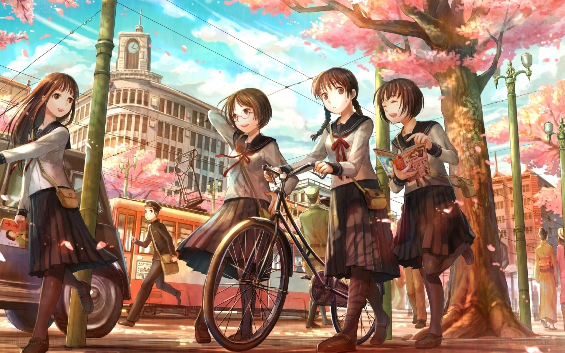 Schoolgirls under cherry blossoms