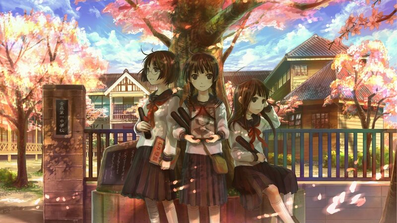 Schoolgirls under cherry blossoms