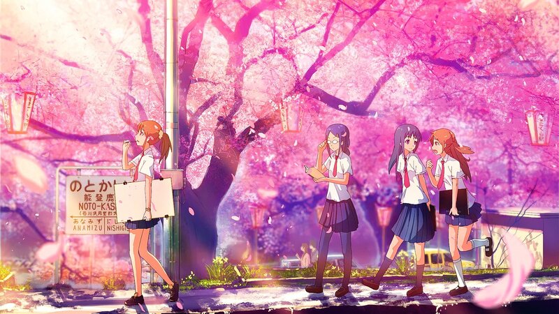 Schoolgirls under Cherry Blossoms — Pink, Serene, Spring, Anime