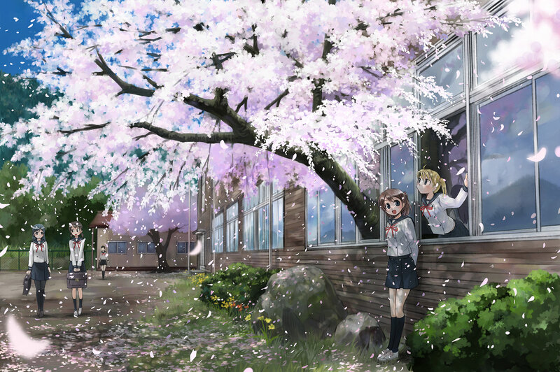 Schoolgirls under Cherry Blossoms — Pink, Serene