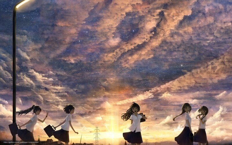 Schoolgirls Walking at Sunset